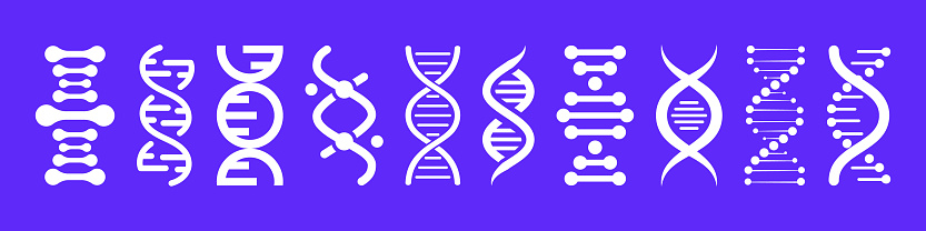 DNA icons. Vector set of elements DNA. Life gene model bio code genetics molecule medical symbols. Structure molecule, chromosome icon. Pictogram Dna, genetic sign, elements and icons collection