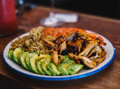 Quinoa dish with avocado, tomato and chicken