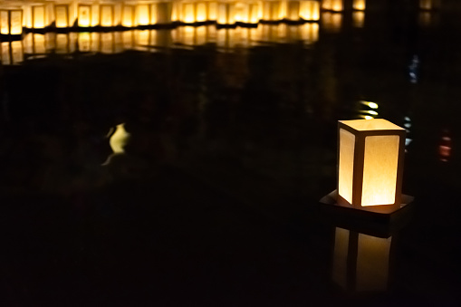 Image of Paper Lanterns on Water at Bologna as Asian evening event for festivity and celebration
