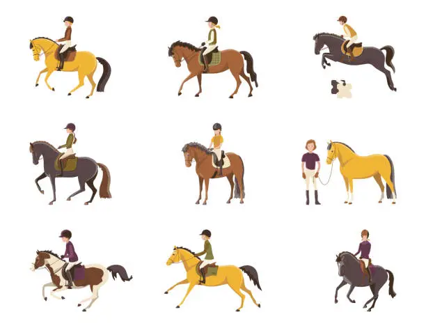 Vector illustration of Children's equestrian sports, young riders riding ponies, vector illustration