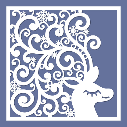Template for laser cutting of a Christmas or New Year card. Square composition. Deer head with openwork antlers. For the design of cards, congratulations, invitations, interior elements, etc. Vector