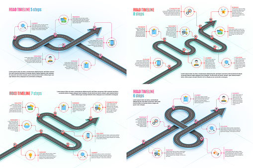 Isometric navigation map infographic timeline concept. Winding road. Vector illustration set