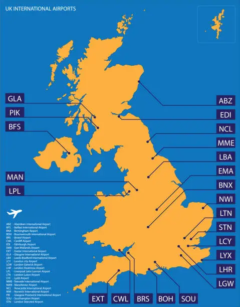 Vector illustration of Vector map of United Kingdom with international airports