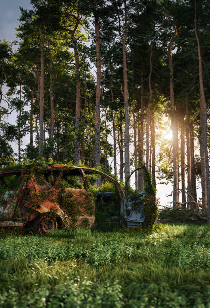 Old abandoned rusty car in the forest, 3D illustration