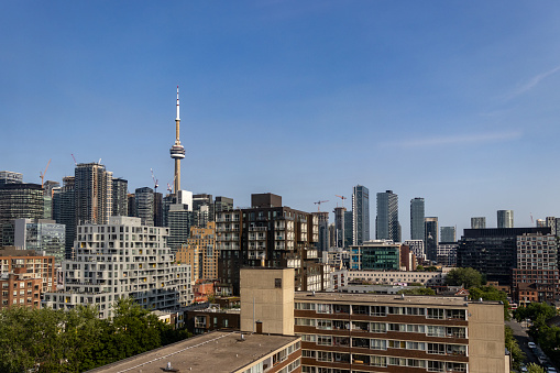 Toronto, Canada - November 15, 2021: Daytime view of the Canadian National Tower or CN Tower. The telecommunication building is also a famous place and tourist attraction