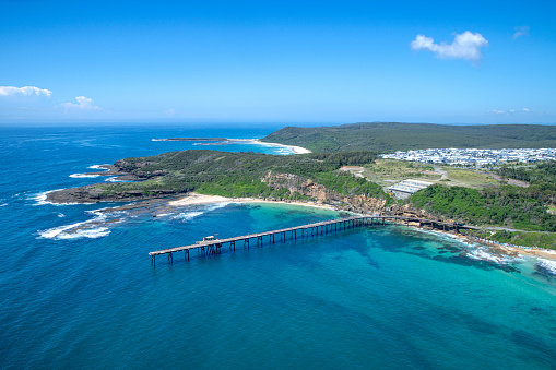 Wide angle aerial view of Catherine Hill Bay in summer on the Central Coast of NSW.