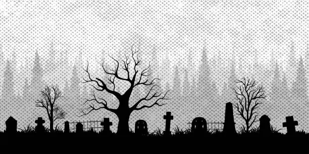 Vector illustration of Vector illustration of spooky graveyard silhouette with grunge texture and copy space area. Suitable for background, banner, poster, Halloween celebration, card, etc