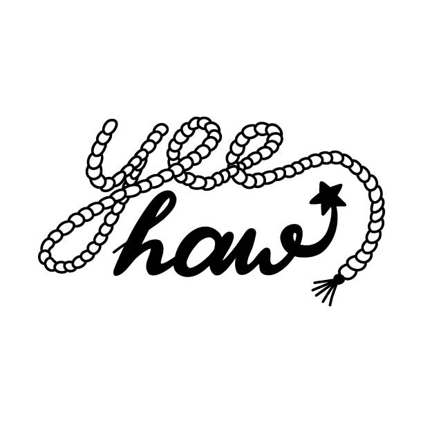 Handwritten exclamation Yeehaw with cowboy rope. Simple lettering with Yee haw quote for western theme. Retro vector design with hand drawn outline for poster, t-shirt print, aesthetic party Handwritten exclamation Yeehaw with cowboy rope. Simple lettering with Yee haw quote for western theme. Retro vector design with hand drawn outline for poster, t-shirt print, aesthetic party. theme wild wild west stock illustrations