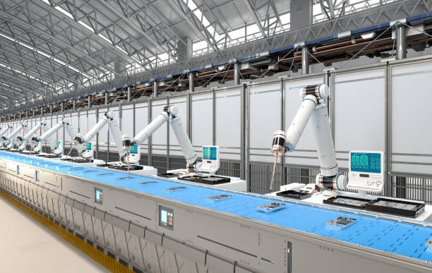 istock Robot assembly line with smartphone in factory 1697805758