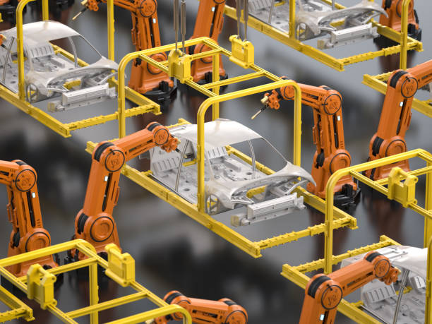 istock Automation automobile factory with robot assembly line manufacture ev car 1697806295