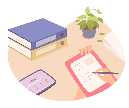 Survey or to do list making vector illustration. Cartoon isolated top view on hand holding pen to write checklist, text notes on paper sheet or notepad, folders with documents pile and tablet on table