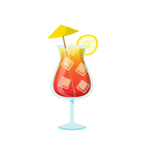 カクテルテキーラ、ガラスのベクターイラストの日の出。夏のアルコール飲料とアイスキューブ、傘とレモン、バーでのビーチプールパーティー用のトロピカルフレッシュドリンクを含む漫� - drink umbrella cocktail glass isolated点のイラスト素材／クリップアート素材／マンガ素材／アイコン素材