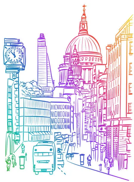 Vector illustration of Downtown London St Paul's Cathedral Rainbow