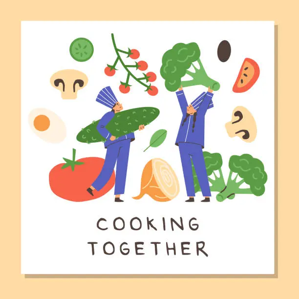 Vector illustration of Female chefs cooking together, poster with text - flat vector illustration. Tiny people holding big vegetables. Cooking classes or school advertisement. Healthy nutrition.