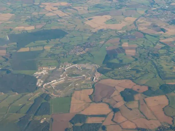 A high altitude view of the Silverstone circuit in Northamptonshire, UK