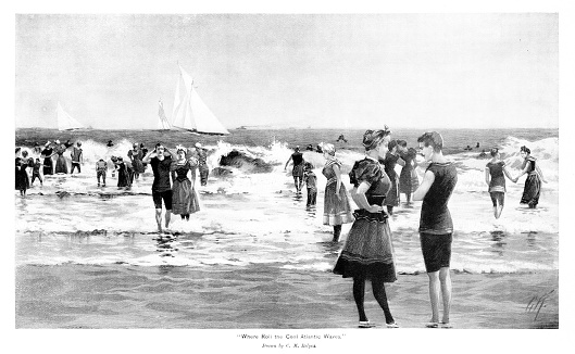 Victorian scene of people at Newport Beach, Rhode Island, USA. Illustration engraving published 1896. This edition is in my private collection. Copyright is in public domain.