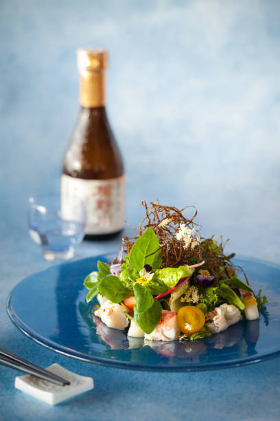 Fancy lobster salad on a blue plate