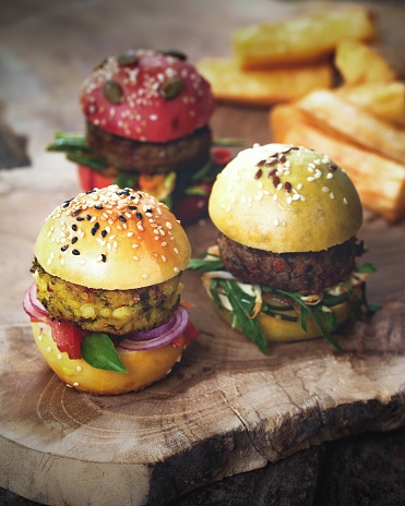 Vegetarian Mini Burgers serves with fried cassava, it is include a plant based diet food