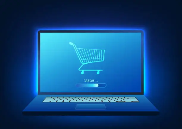 Vector illustration of Computer screen has a shopping cart with status. It represents online shopping where products can be ordered anywhere in the world via the internet.