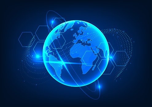 World technology. A globe with line elements surrounding it. It shows the development of technology around the world that has created connectivity and business connections all over the world.
