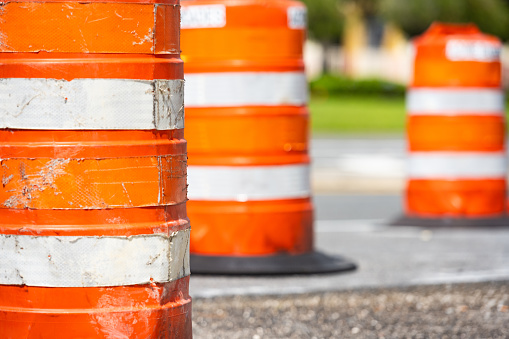 This is a photograph of orange barricades marking road construction in Orlando, Florida, USA.