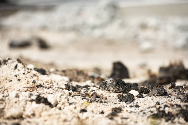 This is an abstract background photograph of broken asphalt and dirt with a selective focus at a road construction site in Florida, USA.