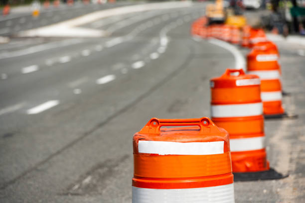 istock Close Up of Barrels Marking Road Construction 1697967780