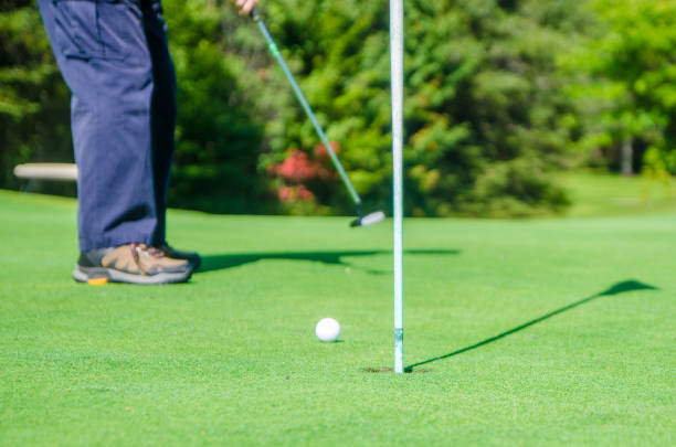Legs of amateur golfer putting ball from the green during summer day