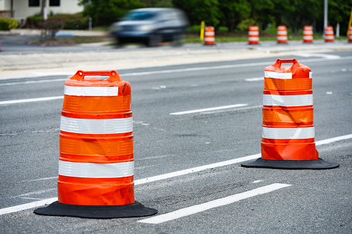 This is a photograph of orange barricades marking road construction in Orlando, Florida, USA.