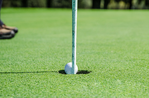 Legs of amateur golfer putting ball from the green during summer day