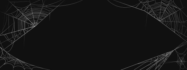 istock Happy Halloween banner vector illustration, Halloween cobweb board decoration, spooky scary spider web on dark black background with copy space, Autumn holiday decorating celebration. 1697978743