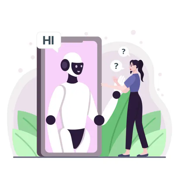 Vector illustration of Modern innovative of communication in business technologies. Female retaliate and talking with virtual reality robot. People use smart phone surfing internet, searching and finding information online. Concept of people using technology.Vector illustration