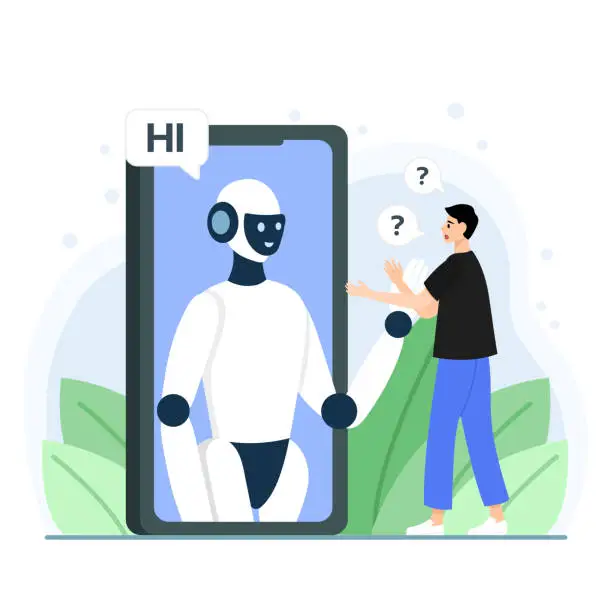 Vector illustration of Modern innovative of communication in business technologies. Male retaliate and talking with virtual reality robot. People use smart phone surfing internet, searching and finding information online. Concept of people using technology. Vector illustration.