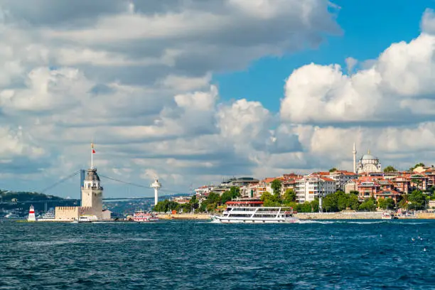 The Maiden's Tower sits at the end of the Bosphorus strait in Istanbul, Turkiye.
