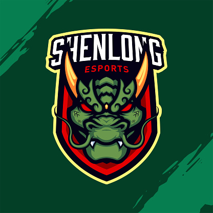 Mascot Logo of a Green Dragon Head with Red Eyes and Golden Horns