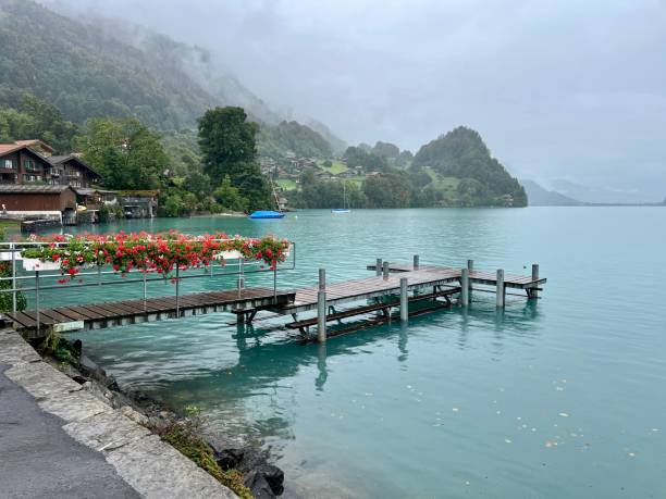 bellissimo villaggio di iseltwald sul lago di brienz, svizzera - brienz house switzerland european alps foto e immagini stock