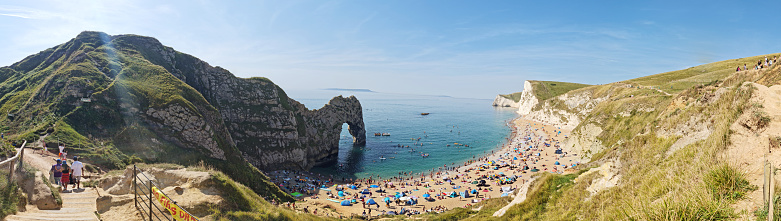 Most Beautiful High Angle Panoramic View of British Landscape and Sea View of Durdle Door Beach of England Great Britain, UK. Image Was captured with Drone's camera on September 9th, 2023