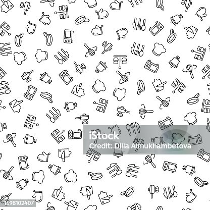 istock Salt and Pepper, Microwave oven, Frying pan, Cutting board Seamless Pattern. Suitable for web sites, apps, postcards, design 1698102407