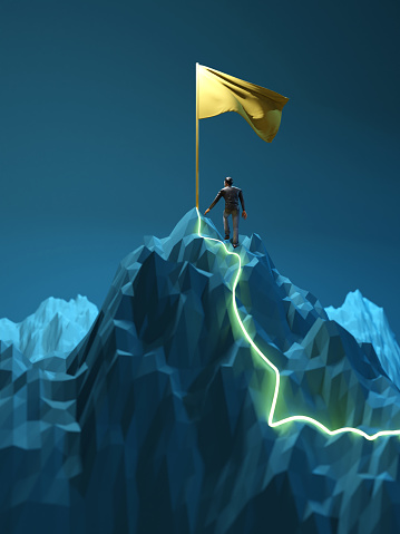Man on top, Path to the top of the mountain success concept in digital futuristic style on blue background, 3D render