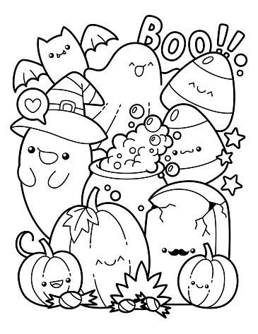 Cute And Kawaii Halloween Character Coloring Page Stock Illustration ...