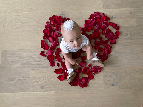 Top shot of little baby girl sitting on a floor among flower petals