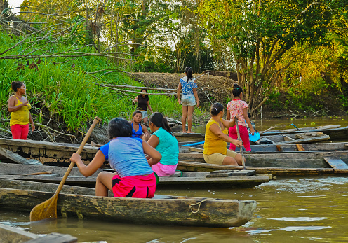 Pacaya-Samiria Nature Reserve, Amazon, Northeastern Peru, August 30, 2018\n\nNative women or riberanas (riverside dwellers) of the same village awaiting  business to arrive as they sit/stand in their canoes on a lagoon off of the Ucayali river. These Amazonians offer excursions on their canoes to tourists and visitors as a means to earning money and contributing to family income.