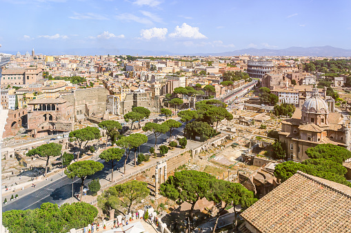 Aerial panoramic view of the imperial forums of the city of Rome