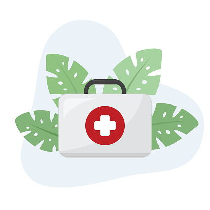 First aid box flat design vector Illustration Icon decorated with leaves for web use for first aid, emergency, medical, aid, health care.