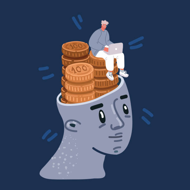 큰 머리에 돈을 쌓기 위해 노트북에서 일하는 남자의 만화 벡터 삽화. - coin stacking vector part of stock illustrations