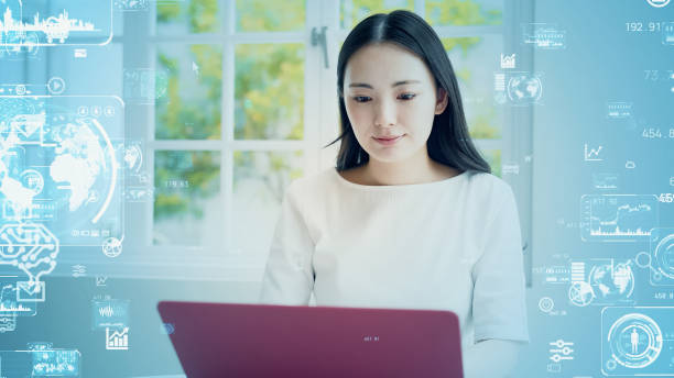 istock Young asian woman using a laptop PC and digital transformation concept. Communication network. 1698195881