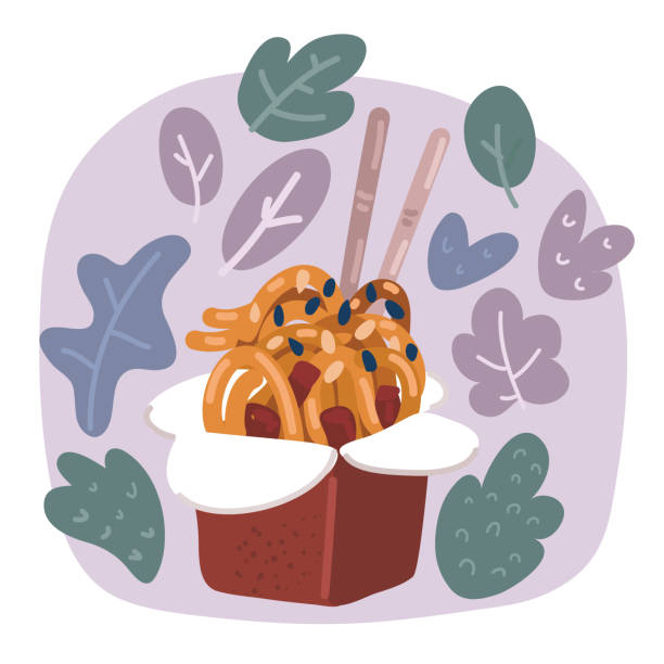 illustrations, cliparts, dessins animés et icônes de illustration vectorielle de la boîte de wok avec nouilles et bâtonnets, récipient rouge à emporter pour repas chinois ou nouilles fastfood wok - chopsticks nobody red white background