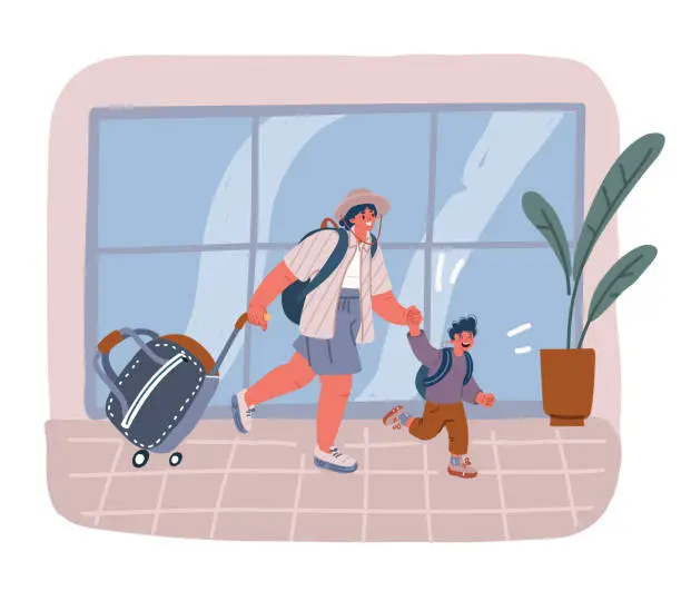 Vector illustration of Vector illustration of Family travel. Mother with son at the airport. Going on vacation