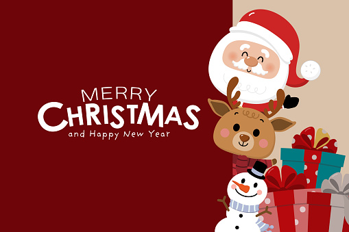 Merry Christmas and happy new year greeting card with cute Santa Claus, deer, snowman and gift box. Holiday cartoon character in winter season. -Vector