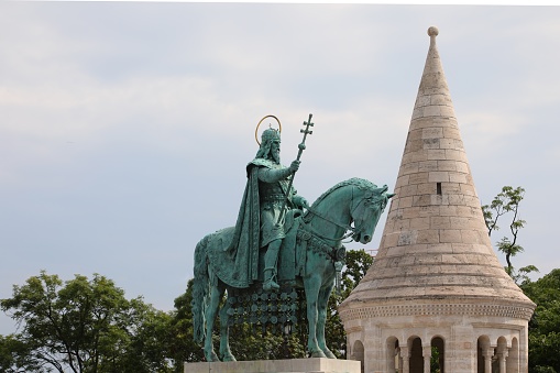 Budapest, B, Hungary - August 18, 2023:horse riding statue of stephen i first king of Hungary in fishermans bastion